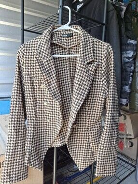 SHEIN Black & Cream Houndstooth Double-Breasted Blazer